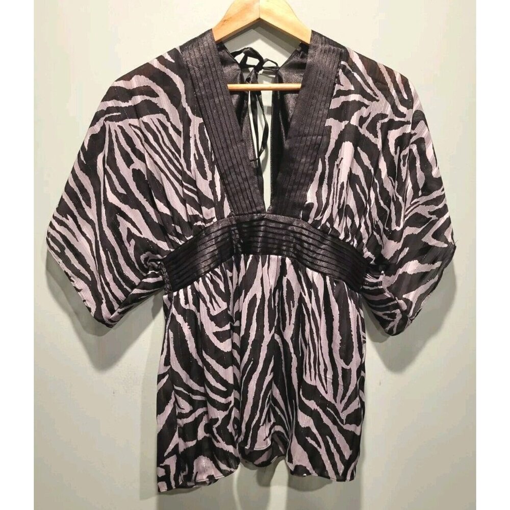 Vanity Y2K Black Zebra Deep V Neck Cutout Back Semi Sheer Babydoll Top Sz M
